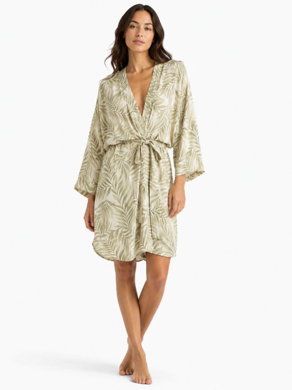 OYSHO WHITE GREEN LEAVES PATTERN SHEER LIGHTWEIGHT BELTED ROBE COVER-UP - M
